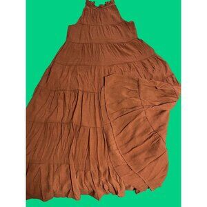 Tiered Rust Sleeveless Maxi Dress With Tie Back & Ruffled Neckline